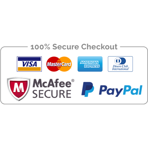 100% Secure Checkout — Visa, Mastercard, American Express, Diners Club, McAfee Secure, PayPal